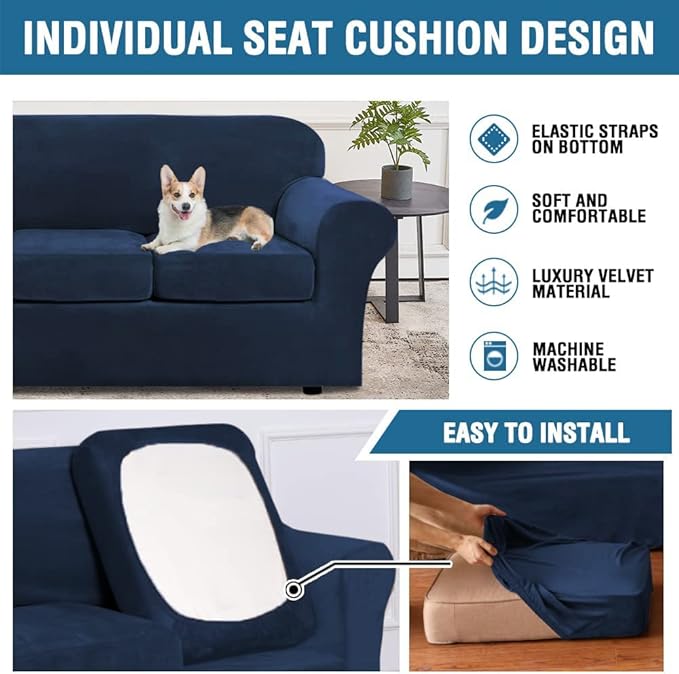 H.VERSAILTEX Real Velvet Plush 3 Piece Stretch Sofa Covers Couch Covers for 2 Cushion Couch Sofa Slipcovers Width Up to 90 Inch Feature Thick Soft Stay in Place (Large Sofa, Navy)