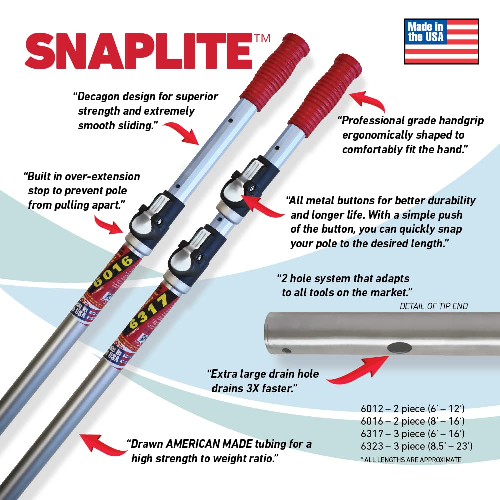 SKIMLITE MANUFACTURING Snaplite Telescopic Pool Pole 16 Ft Adjustable Cleaning Poles Push Button Lock Light Weight Easy Grip, Includes Universal Threaded Adapter for Skimmer Net Brush Vacuum Head