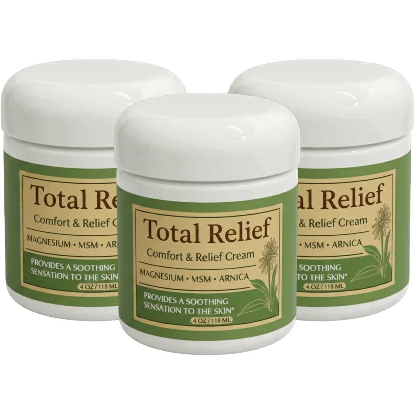 HiRelief Total Relief Magnesium Cream for Comfort – Fast-Absorbing MSM & Arnica Cream for Healthy, Comfortable Nerves and Daily Comfort – 4 Fl Oz (Pack of 3)