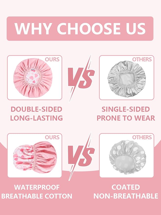 Years calm Shower Caps for Women Reusable Waterproof, Double Layer Waterproof Fabric - Both Sides Usable, Reversible Pattern & Solid Color Design, Soft Elastic Keeps Hair Dry for shower Spa Travel
