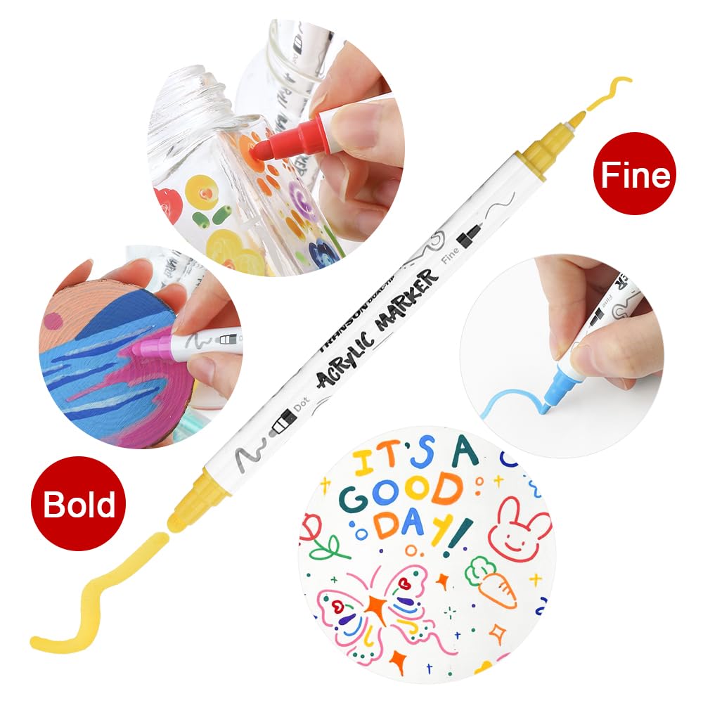TRANSON 36 Color Bold and Fine Dual-tip Acrylic Paint Pen Set for Canvas Rock Wood Leather Ceramic DIY Painting