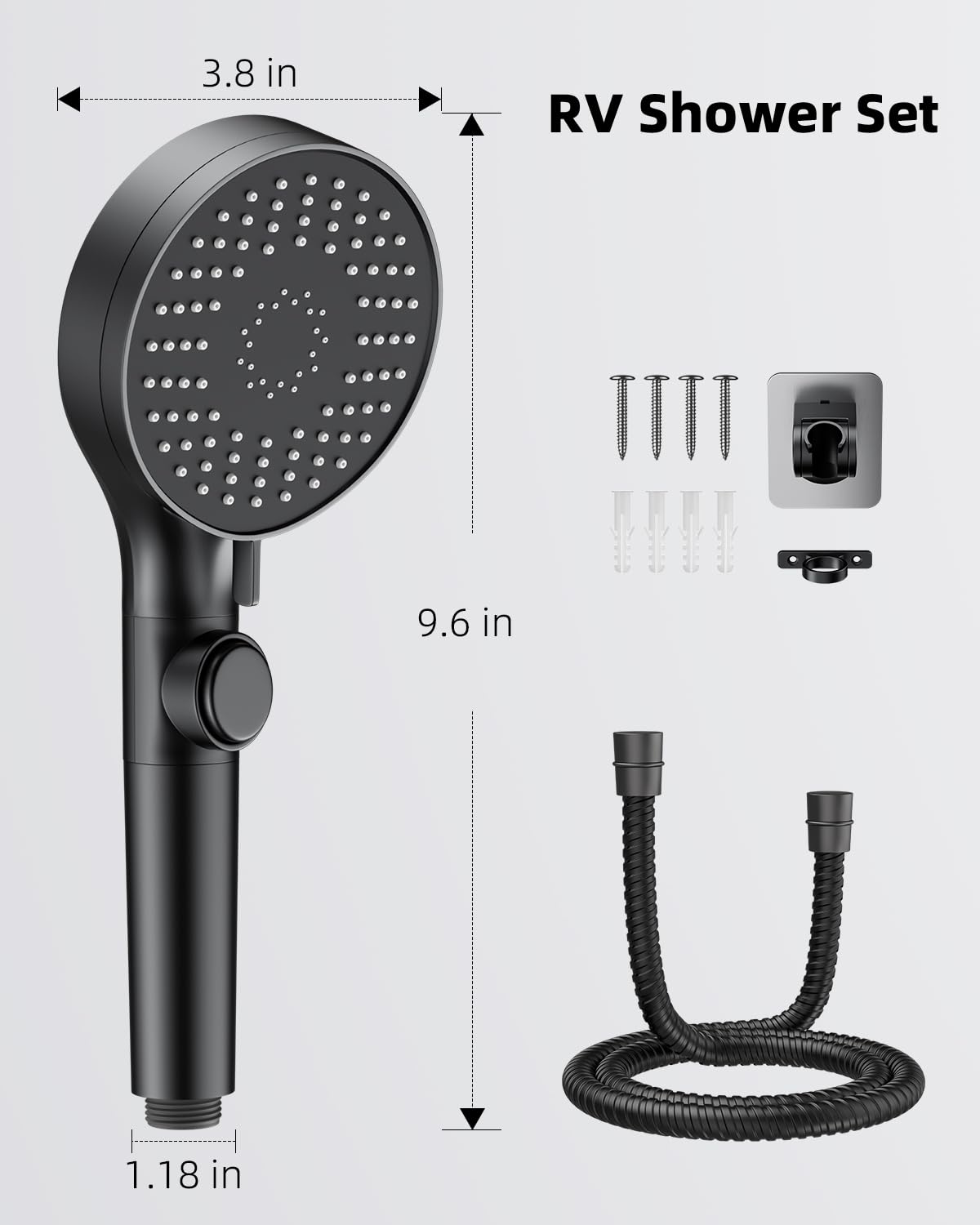 RV Shower Head with Stainless Steel Hose, 5 Mode High Pressure Shower Head with Handheld On Off Switch, Camper Shower Head Replacement for RV, Travel Trailer, Motorhome, RV Accessories Part, Black