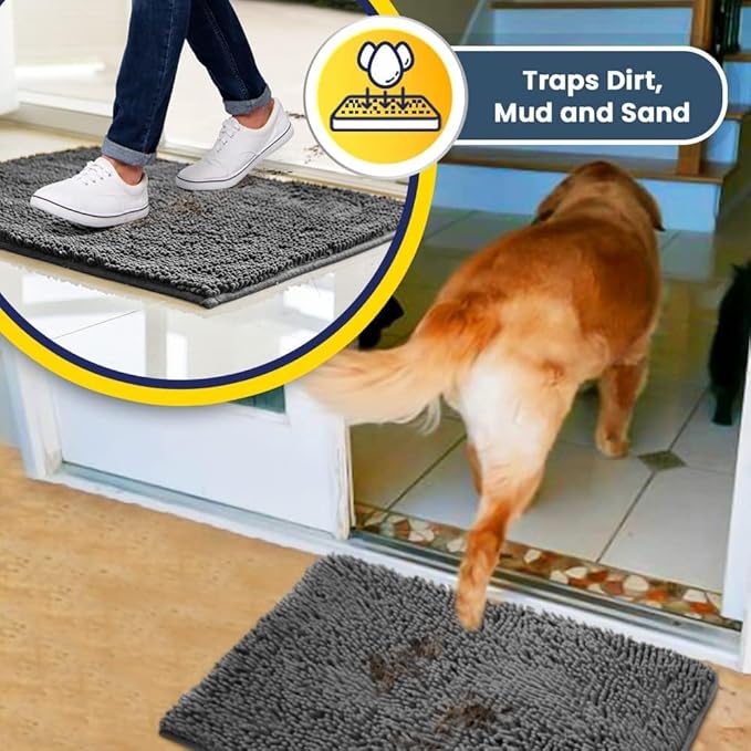 Muddy Mat® | Super Absorbent Door Mat Indoor, Microfiber Quick Dry Chenille Entryway Rug, Non-Slip Front Door Mat, Indoor Mats for Entryway, Machine Washable Pet Rug, Grey 36"x60"