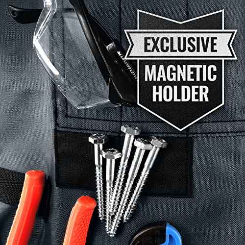 Under NY Sky Tool Apron ? Magnetic Tool Holder ? Heavy Duty Gray Oxford Canvas ? Cross-Back ? 18 Pockets ? Adjustable for Men, Women ? Pro Mechanic, Woodworker, Carpenter, Electrician, Gardener Apron