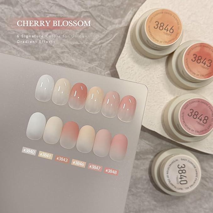 GAOY Cushion Ombre Painting Gel Kit, 6 Colors Gradient Patting Gel Polish with Sponges and Grabber Tool, for Ombre Nails Aura Blush Blend Nail Art Home & Salon Use, Pigmented No Wipe, Cherry Blossom