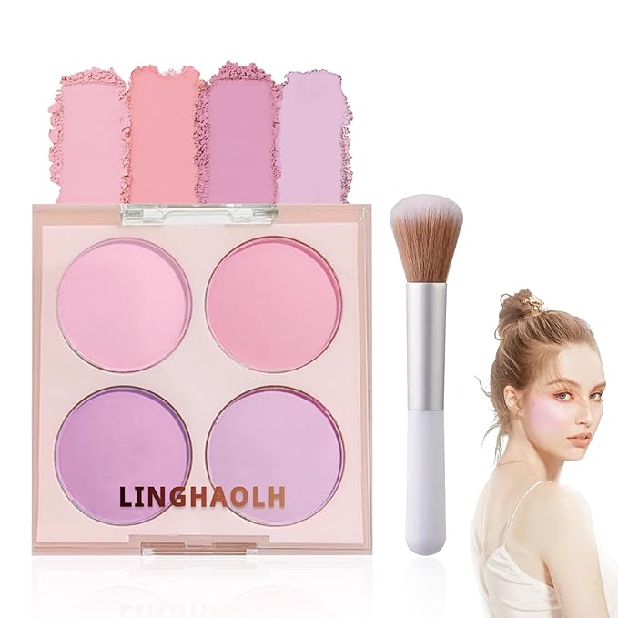 4 Colors Blush Palette for Cheeks - Face Matte Contour Makeup Palette, Buildable Shimmer Facial Cheek Blusher Shades, Blendable Cosmetic With Brush 02