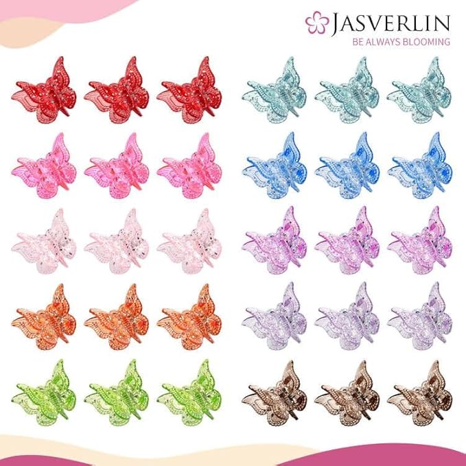 Glitter Mini Butterfly Hair Claw Clips, Sparkly Colorful Hair Accessories for Girls and Women - 90s Y2K Cute, Small, Tiny Clip in 10 Assorted Colors, Set of 50 (Glitter)