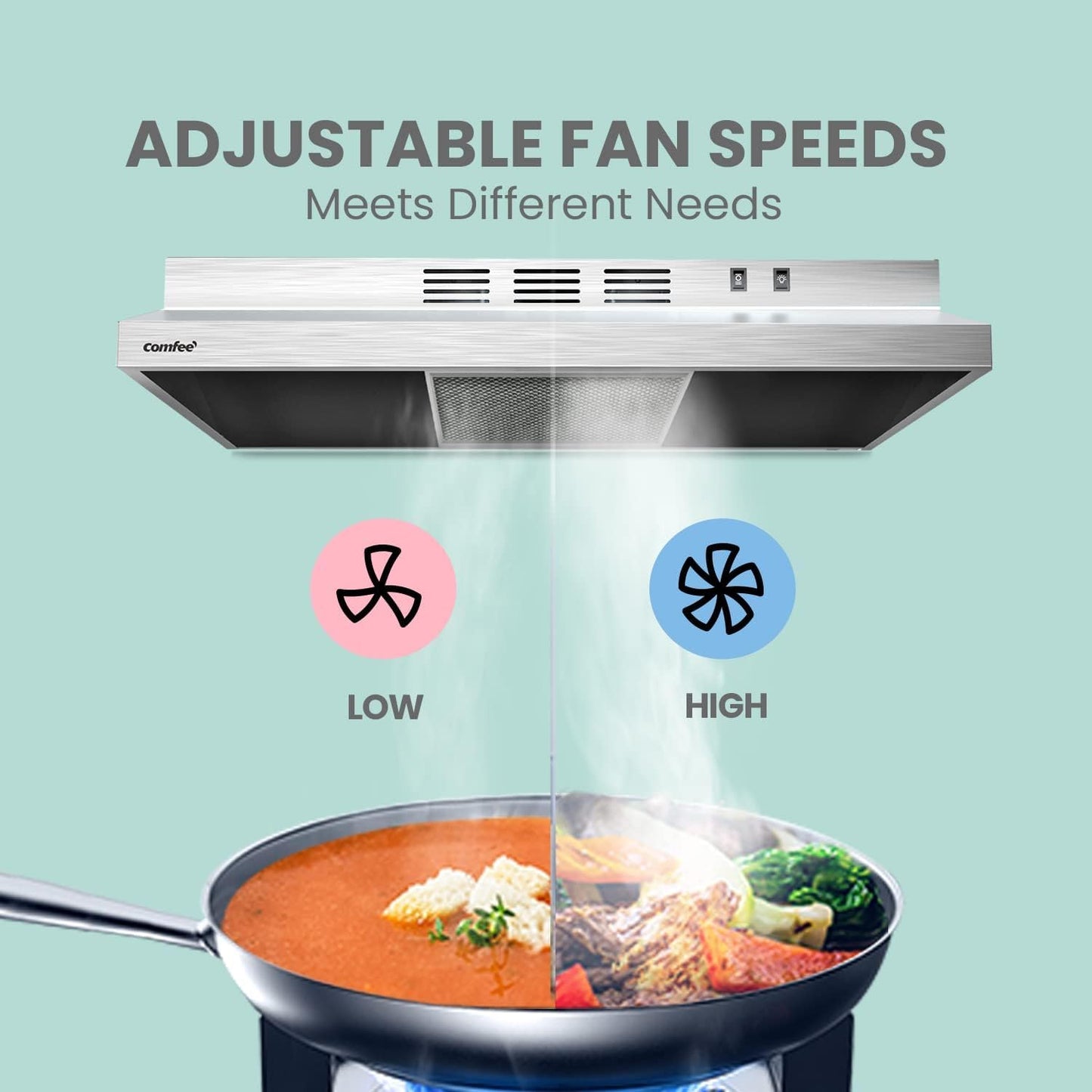 COMFEE' CVU30W2AST Range Hood 30 Inch Ducted Ductless Vent Hood Durable Stainless Steel Kitchen Hood for Under Cabinet with 2 Reusable Filter, 200 CFM, 2 Speed Exhaust Fan Silver