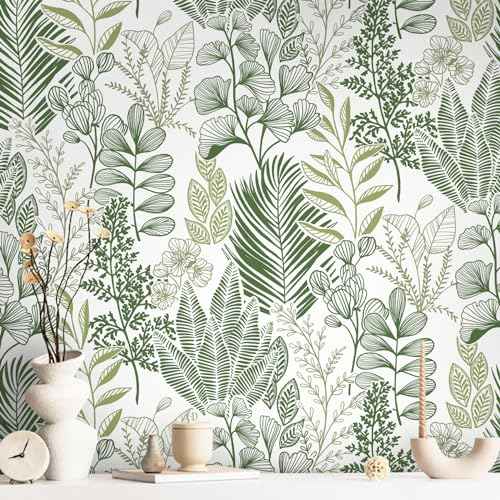 HeloHo Peel and Stick Wallpaper Green Leaf Floral Wallpaper for Bedroom Self Adhesive Removable Wallpaper Waterproof Contact Paper for Furniture Bathroom Dining Room Living Room Decor 16.1" X 118"