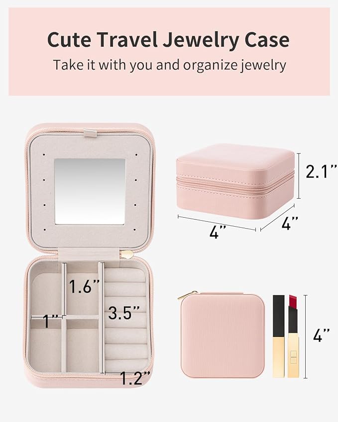 VLANDO Valentines Day Gifts - Small Travel Jewelry Box Organizer -Jewelry Display Case for Girls Women Bridesmaid Gift Rings Earrings Necklaces Storage with Mirror Pink