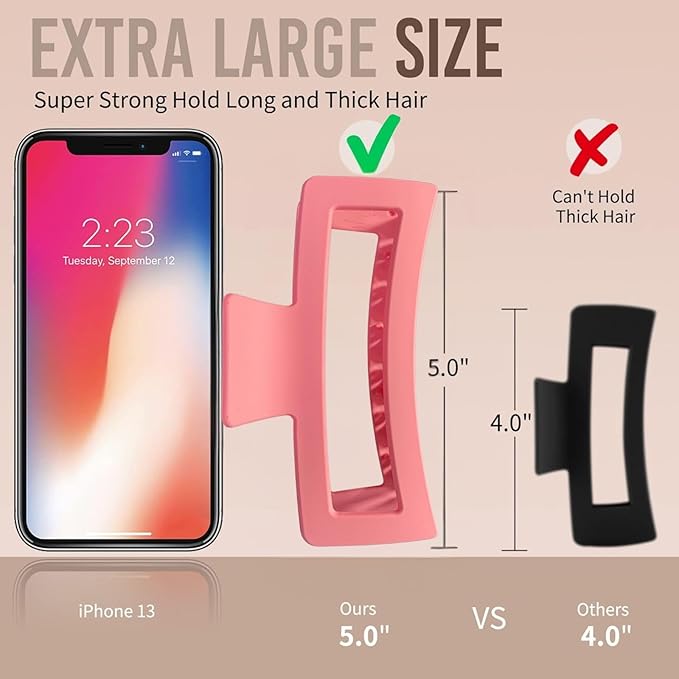 5 Inche Gradient Pink Extra Large Claw Clips for Thick and Long Hair, 4 Pack Xl Jumbo Oversized Matte Non-slip Rectangle Hair Clips for Women, Big Strong Hold Jaw