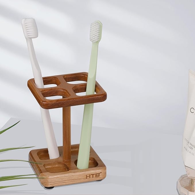 HTB Toothbrush Holders for Bathrooms,Teak Toothbrush Organizer Storage for Countertop,Tooth Brush Stand for Makeup Brush,Razor,Bathroom Accessories