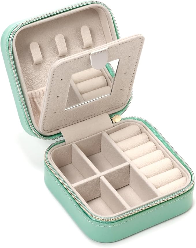 Jewelry Case with Mirror, Small Travel Jewelry Organizer, Portable Mini Storage Box for Rings, Earrings, Necklaces, Gift for Mother Mom, Girl, Daughter, Sisters, Bridesmaids, Mother's Day Gift (Blue)