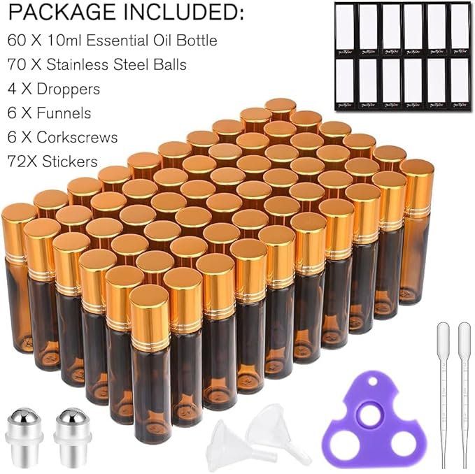 PrettyCare 60 Pack, 10 ml Essential Oil Roller Bottles with Stainless Steel Roller Ball - Bulk Refillable Leak-proof Empty Thick Amber Glass Roll on Bottles with Metal Caps for Travel, Perfume