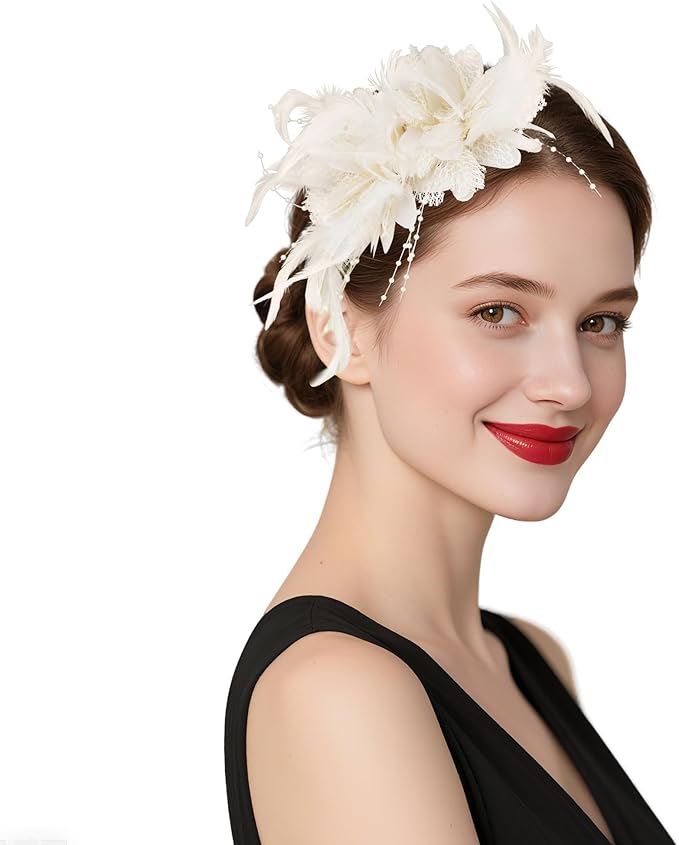 Womens Fascinators Hats Tea Party Hats for Women, Feather Pearl Veil Headband for Wedding Cocktail Dresses Accessories