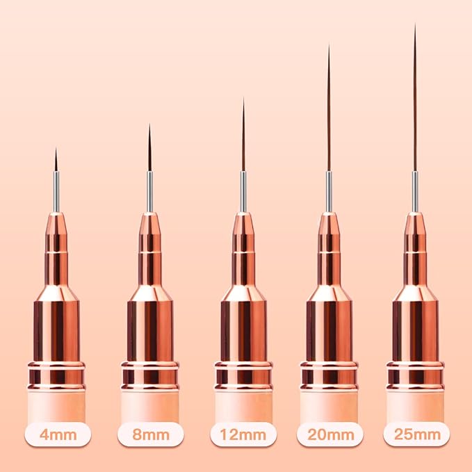 Metallic Nail Art Brushes, 5Pcs Liner Brush Set, UV Gel Polish Painting Art Design Pen for Long Lines, Thin Details, Fine Drawing Sizes 4/8/12/20/25mm(Champagne Gold)
