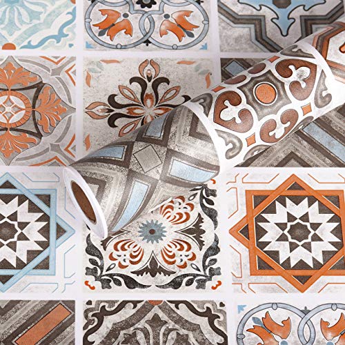 Livelynine Peel and Stick Wallpaper Tile Stickers Moroccan Tile Contact Paper Waterproof Wall Tiles for Bathroom Self Adhesive Wall Paper for Kitchen Walls Removable Vinyl Flooring Roll 15.8x78.8