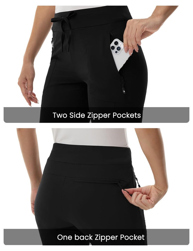 TBMPOY Women's Hiking Pants Lightweight Water Resistant Travel Casual Stretch Quick Dry Work Outdoor Zipper Pockets Black L