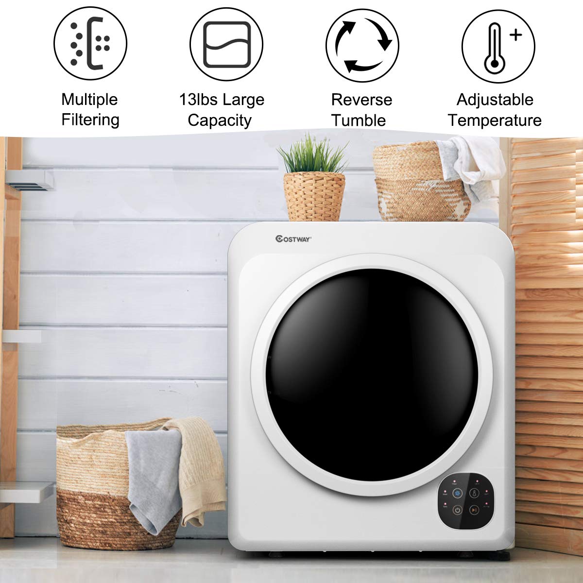 COSTWAY 1700W Electric Portable Clothes Dryer, 13.2 lbs Capacity Front Load Compact Tumble Laundry Dryer with Stainless Steel Tub, Easy Control Button Panel Downside for Variety Drying Mode, White