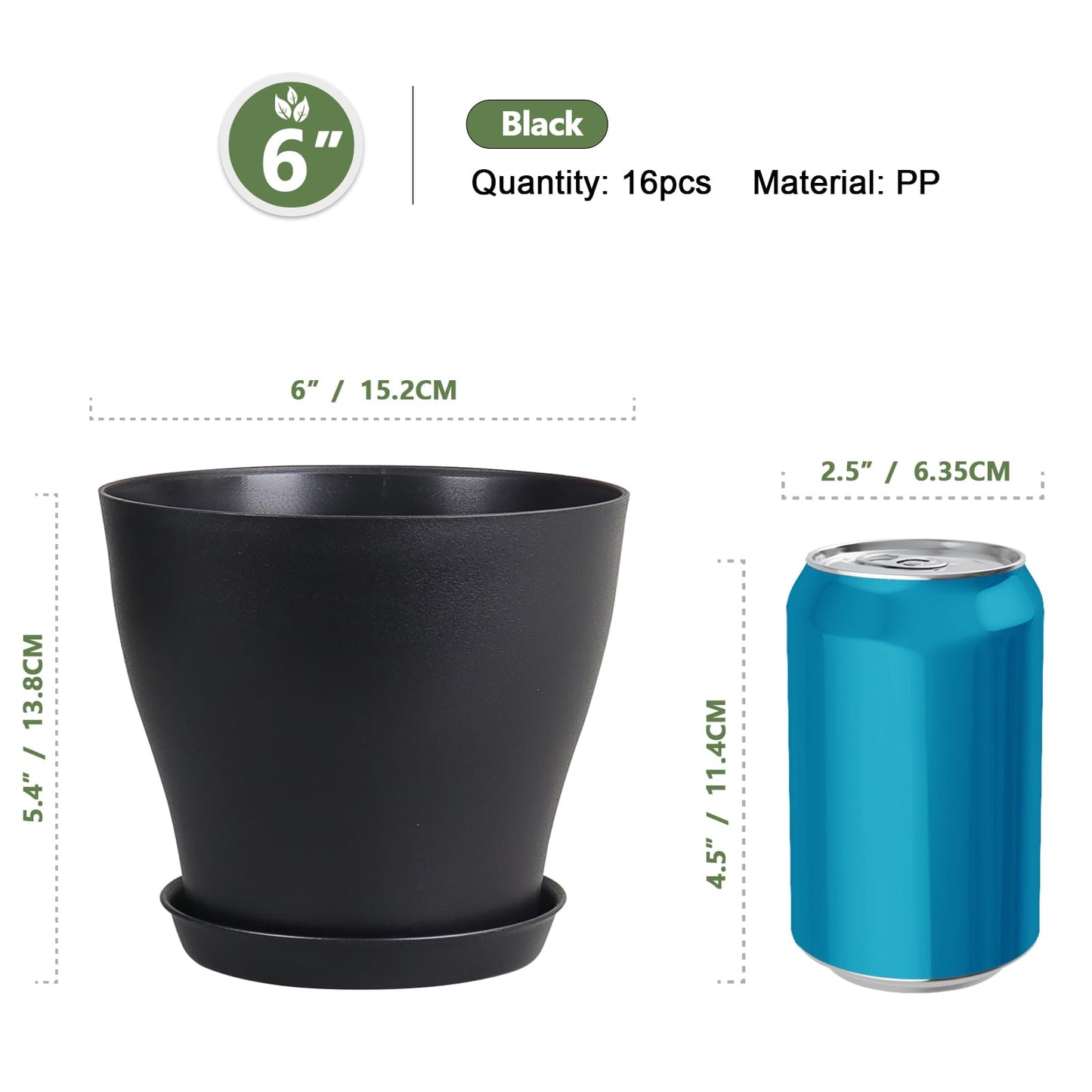 Meowell 6 inch Plastic Nursery Pots, 16 Pack Plant Pots for Small Indoor Outdoor Plants, Flower Pots with Drainage Holes and Saucers, Decorative Seedling Starter Planters for House Plants, Black