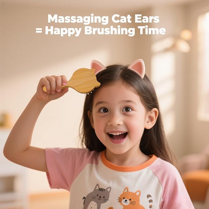 Cute Cat Shape Blue Mini Bamboo Hair Brush - Kids Travel Hairbrush with Air Cushion, Anti-Frizz Detangler for Girls (Adorable Kitten Design)