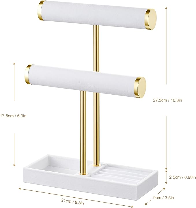 2 Tier Bracelet Holder Display - Detachable T Bar White Velvet Bracelet Holder, Jewelry Holder Organizer for Bracelet, Necklace, Earrings, Rings
