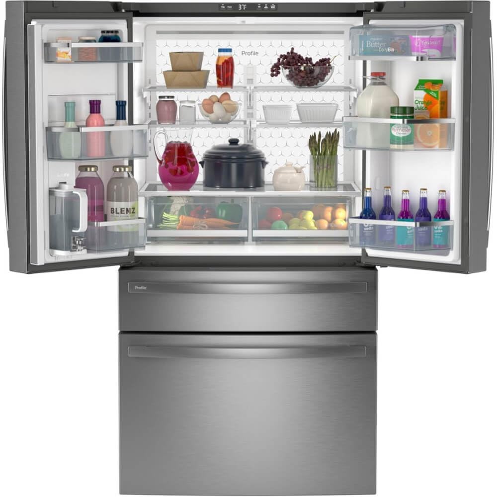GE Profile 28.7 cu. ft. 4-Door French Door Refrigerator in Stainless Steel with Dual-Dispense Autofill Pitcher PGE29BYTFS