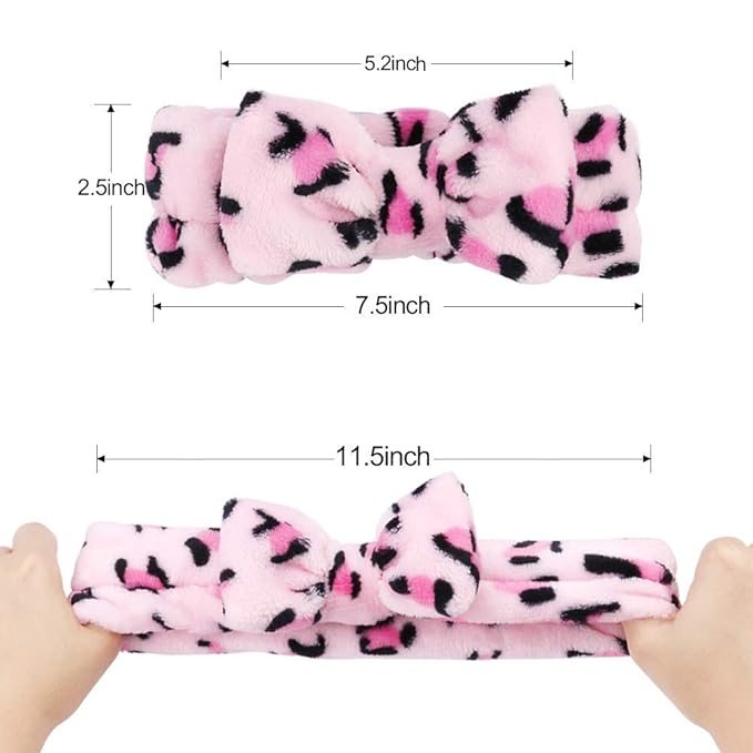 AOPRIE 5pcs Spa Headbands for Washing Face Spa Headbands for Women Soft Coral Fleece Pink Elastic Hair Bands Head Wraps for Shower with Two Beauty Brushes