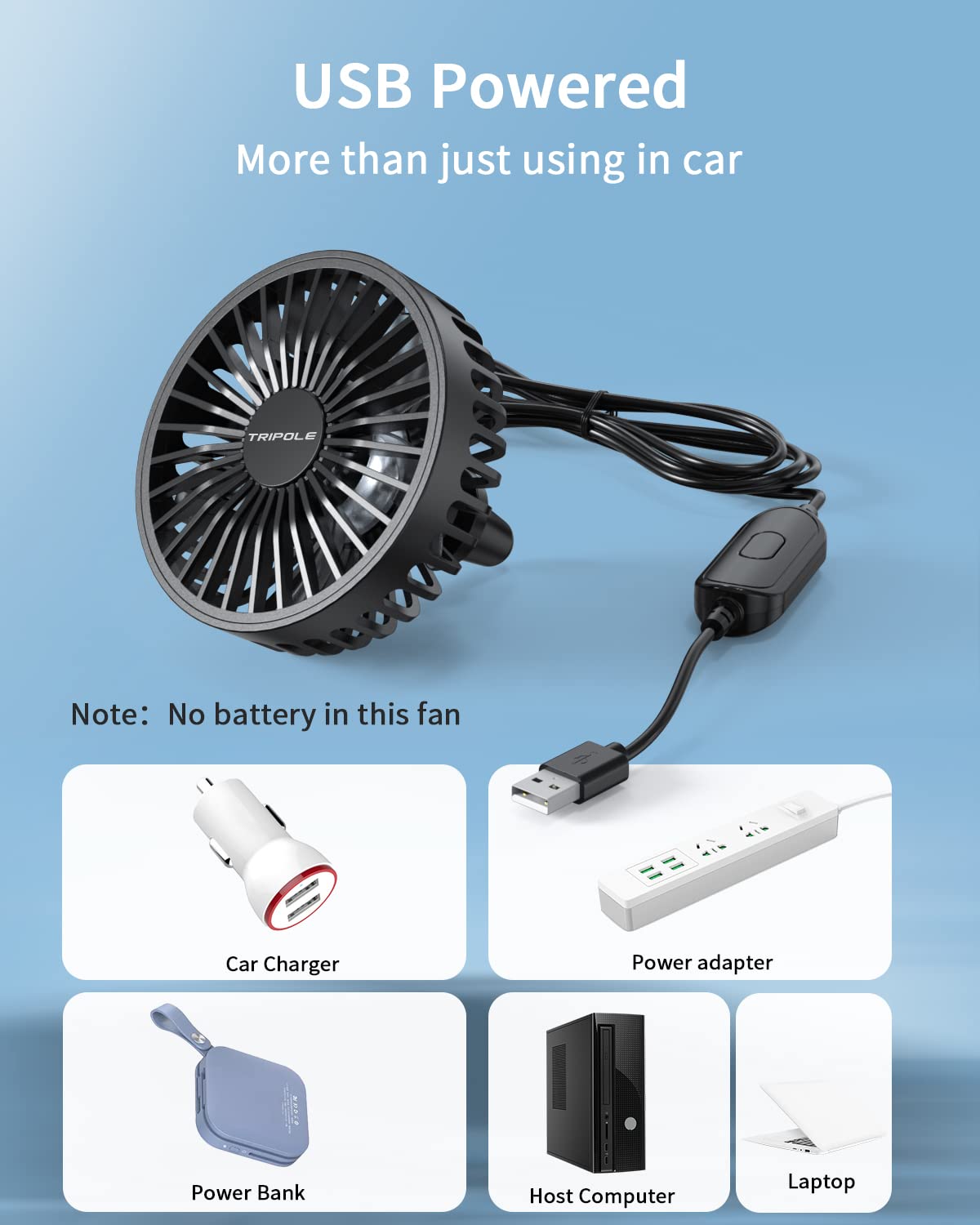 TriPole Car Fan USB Powered - Powerful 3 Speed, Portable Cooling Clip Fan for Car Vent, Quiet Brushless Motor, 360 Degree Rotatable, Air Circulation for Vehicle, Van, Truck, SUV, RV