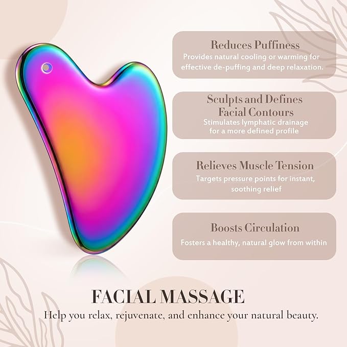 Nuanchu Stainless Steel Gua Sha Facial Tools Metal Guasha Tool for Face Body Jawline Shaper, Double Chin Reducer, Puffiness Reducing, Lymphatic Drainage Massager Skin Care Gift with Pouch(Rainbow)