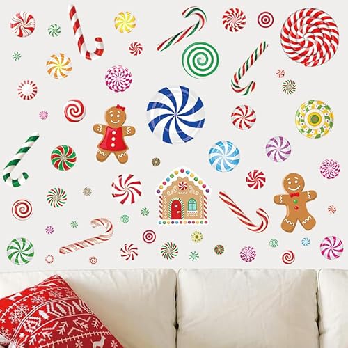 Christmas Candy Wall Decals, 8 Sheet Christmas Decorations Wall Stickers Peppermint Candy Cane Gingerbread Decals for Walls for Candyland Xmas Decoration