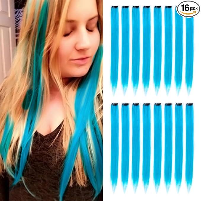 16Pcs Light Blue Clip in Hair Extensions Straight Synthetic Highlights Colored Party Hairpieces for Women Festival Daily Outfits 20 Inch