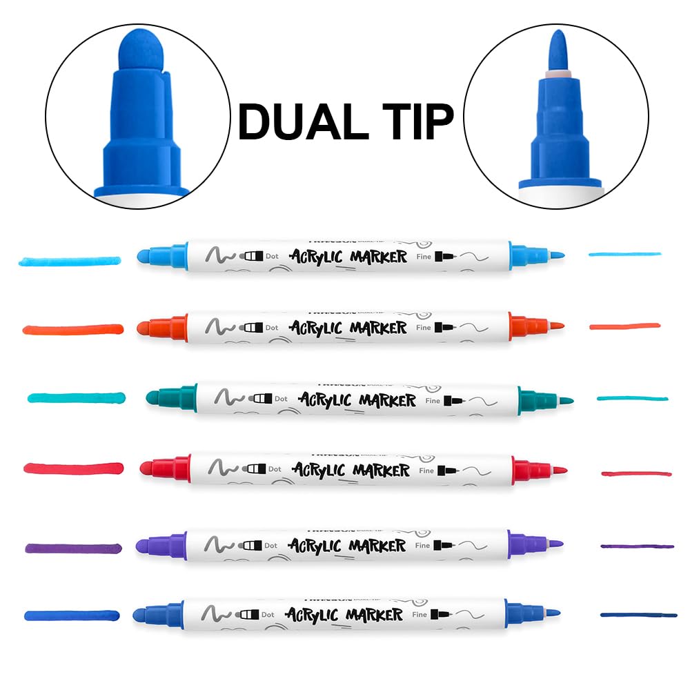 TRANSON 36 Color Bold and Fine Dual-tip Acrylic Paint Pen Set for Canvas Rock Wood Leather Ceramic DIY Painting