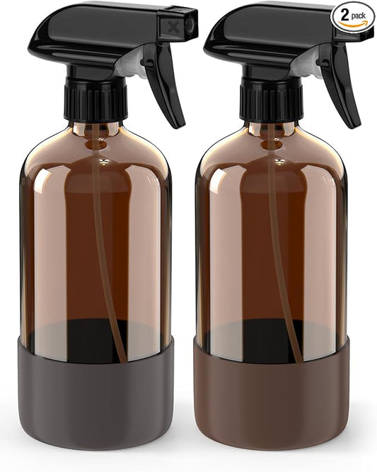 Bontip Glass Spray Bottle with Silicone Sleeve Protection, Amber Glass Spray Bottle Set for Window Cleaner Aromatherapy Facial Hydration Watering Flowers Hair Care 2 Pack/16 oz (Brown & Grey, 16 oz)
