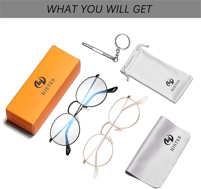 HJSTES Round Blue Light Glasses for Women Men Retro Circle Clear Lens Metal Frame Eyeglasses