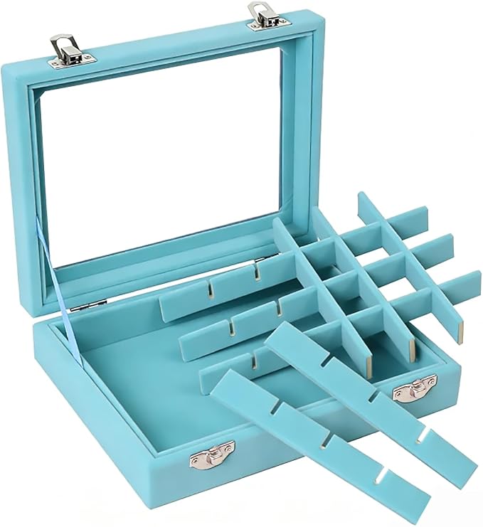 Velvet Jewelry Box 24 Grid Jewelry Earrings Display Organiser Box Ring Tray Holder Earrings Storage Case for Girls Women Wife Mom (Light blue)
