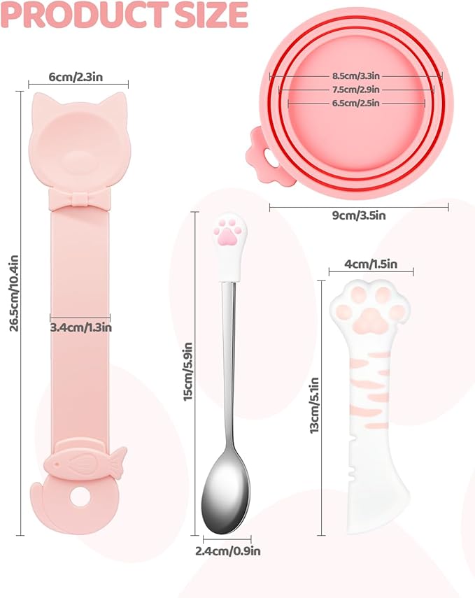 5 PCS Cat Food Can Covers Lids Set, Silicone Pet Food Can Lids with Multi-Function Cat Food Spoon and Opener, Cat Bar Squeezer, Stainless Steel Wet Food Spoon for Cats and Dogs (Pink)