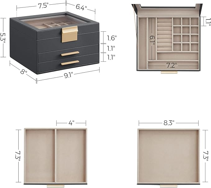 SONGMICS GISELLA Collection - Jewelry Box Organizer, 3-Layer Jewelry Storage with 2 Drawers, Shiny Metal Hardware, Glass Lid, Modern, 8 x 9.1 x 5.3 Inches, Gray and Gold Color UJBC239G02