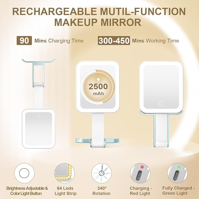 Mocado Travel Makeup Mirror with Lights,20X/1X Magnifying Mirror with Light, Double Sided Travel Mirror with 3 Color Light,Dimmable Touch, Lighted Makeup Mirror for Tabletop, Handheld, Hanging(Blue)