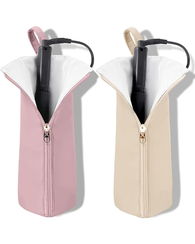 Holder & Mat for Curling Iron Flat Iron, Heat Resistant Hot Hair Tool Travel Bag Case (pink&beige)