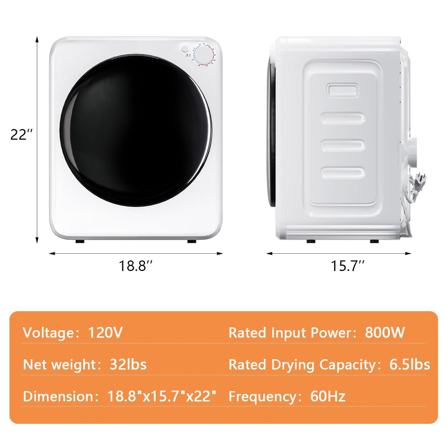 DOGHLY 120V Portable Electric Clothes Dryer, 800W Compact Laundry Dryer, Easy Control, 1.8 Cu.Ft Front Load Stainless Steel Electric Dryers Machine with Simple Control Knob for Apartment, RV, Dorm