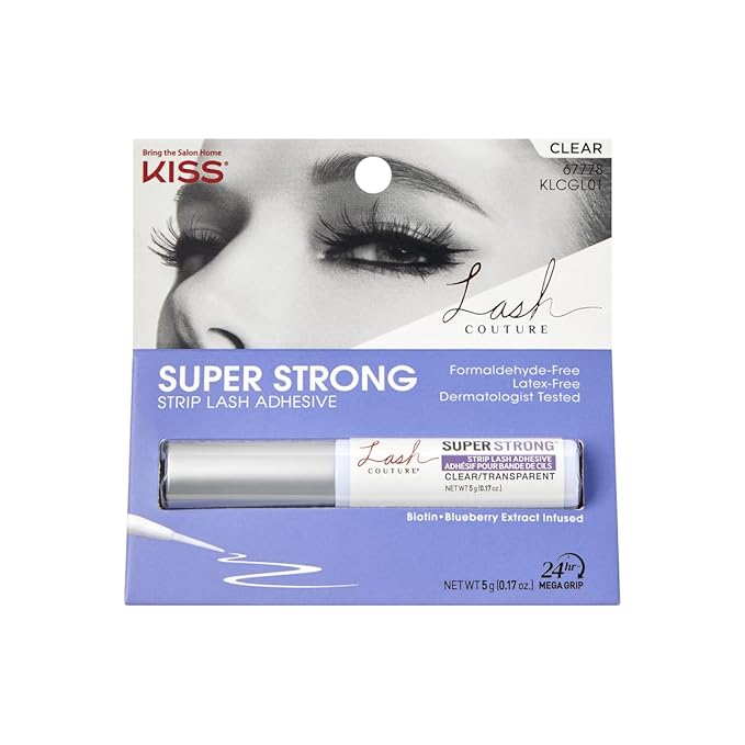 Kiss Lash Couture Super Strong Strip Lash Adhesive, Clear, 0.17 Oz (5 g), 24 Hour Mega Grip Eyelash Glue for Clusters, Extensions & Strip Lashes, with Brush Applicator, Biotin-Infused, Latex-Free