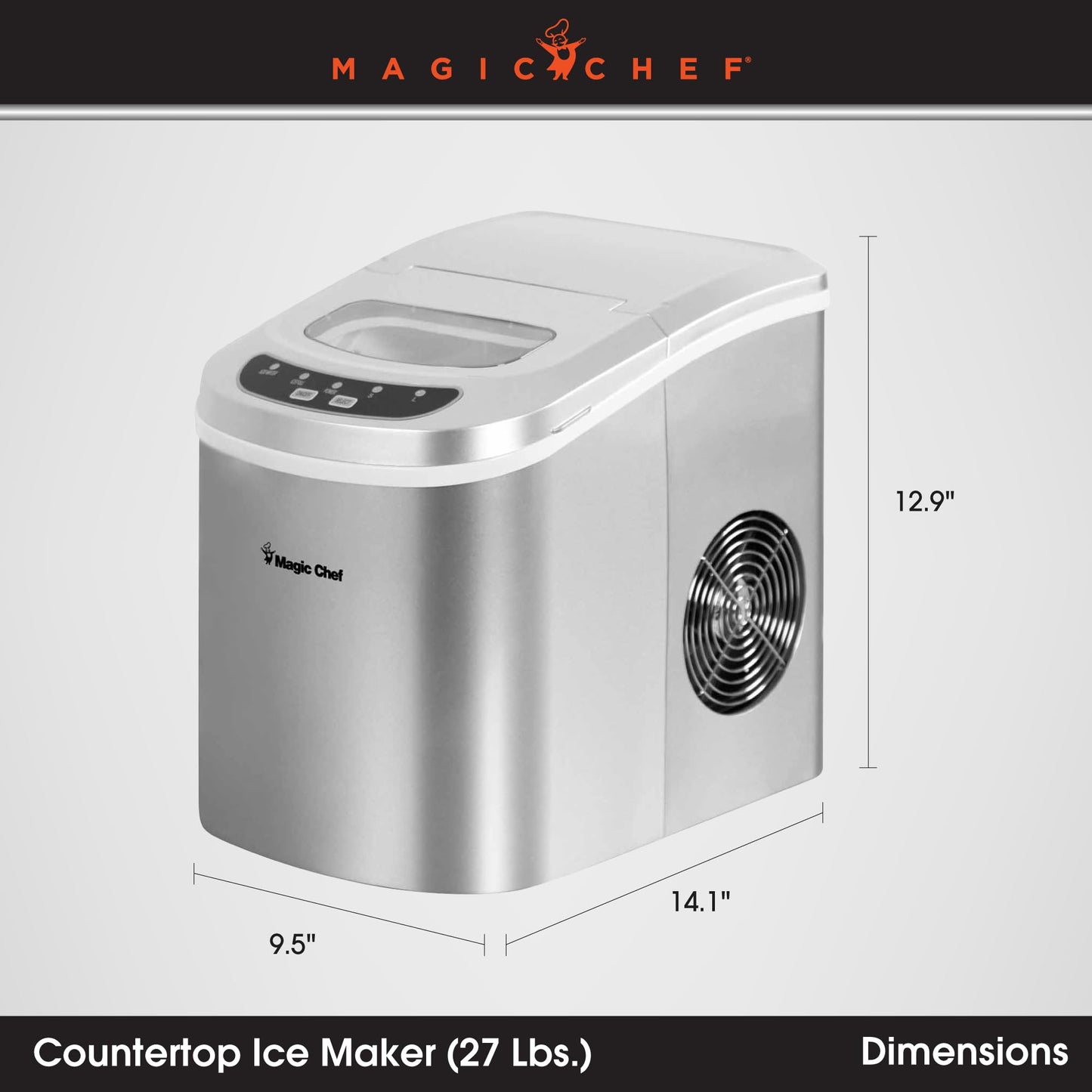 Magic Chef 27-Lb. Portable Ice Maker in Silver, Tabletop Ice Maker for Kitchen, Apartment, Dorm, and Basement with Viewing Window, 2 Ice Cube Sizes, and Ice & Water Level Indicator Lights