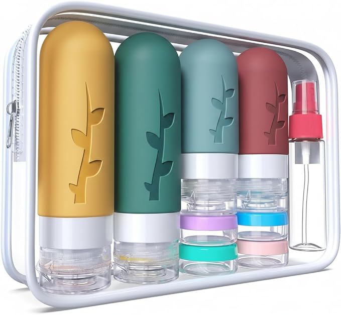 Travel Bottles Kit (16 Pack) - TSA Approved, Leak Proof Silicone Squeezable Containers for Toiletries. Complete Set with Jars, Sprayers & Bag (Wine Red)