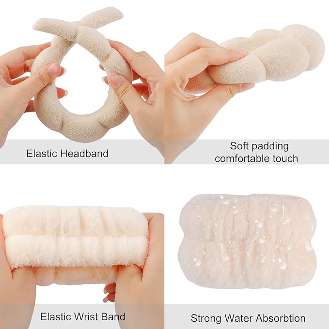 SuPoo 6pcs Khaki Spa Headband Set - Sponge Face and Makeup Headbands, Wristbands, Terry Cloth Hair Ties - Cute Puffy Skincare Gifts for Teens