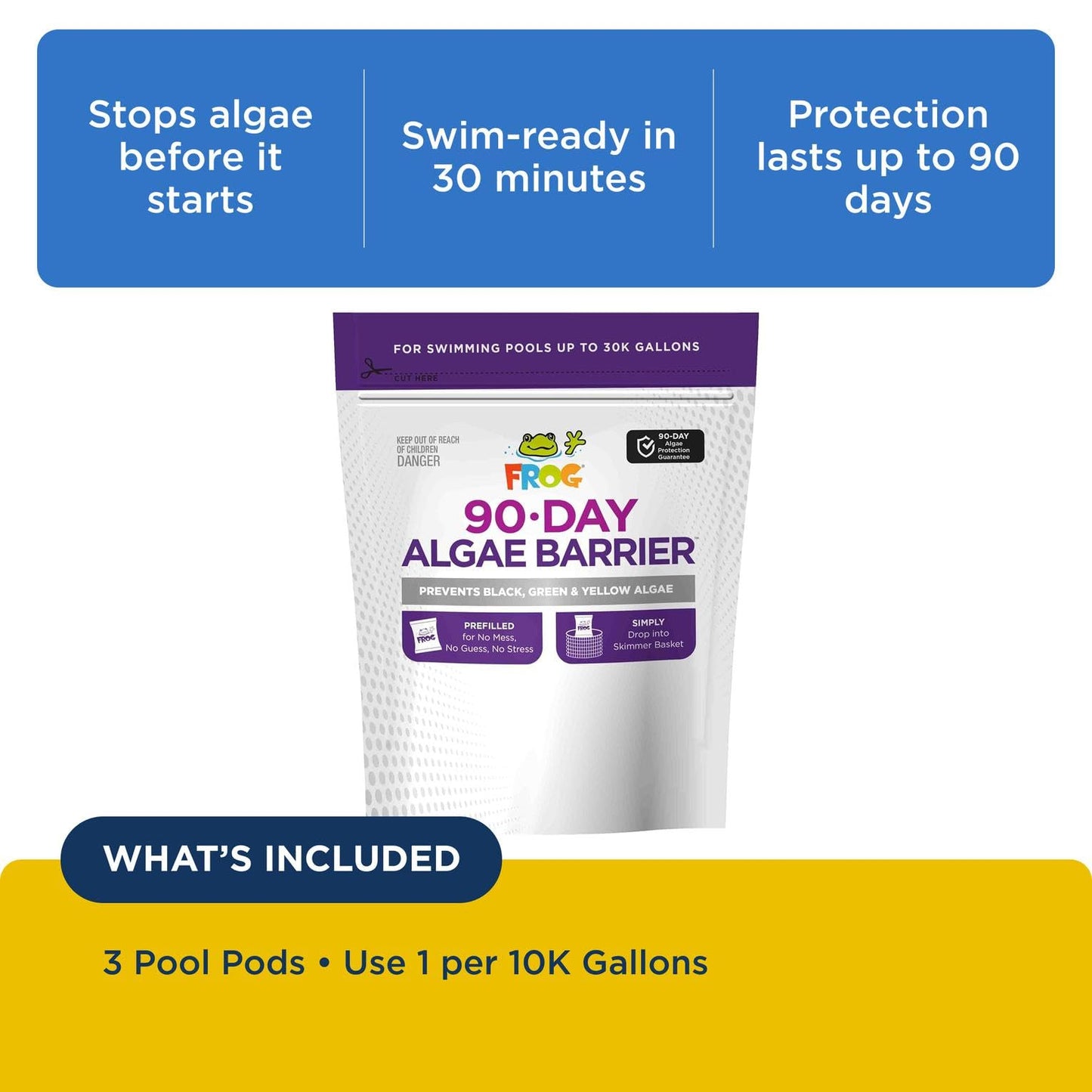 FROG 90-Day Algae Barrier - Dry Formula Algaecide Prevents Black, Green and Yellow Algae for Pools up to 30,000 Gallons - Pool Maintenance & Algae Prevention - 3 Pods