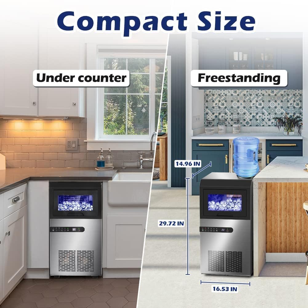 Commercial Ice Maker Machine, 120lbs/24H Stainless Steel Under Counter ice Machine with 45 Ice Cubes/Cycle, 2 Water Inlet Modes, Self Clean, 24H Timer,29LB Storage Bin for Bar, Coffee Shop, Home