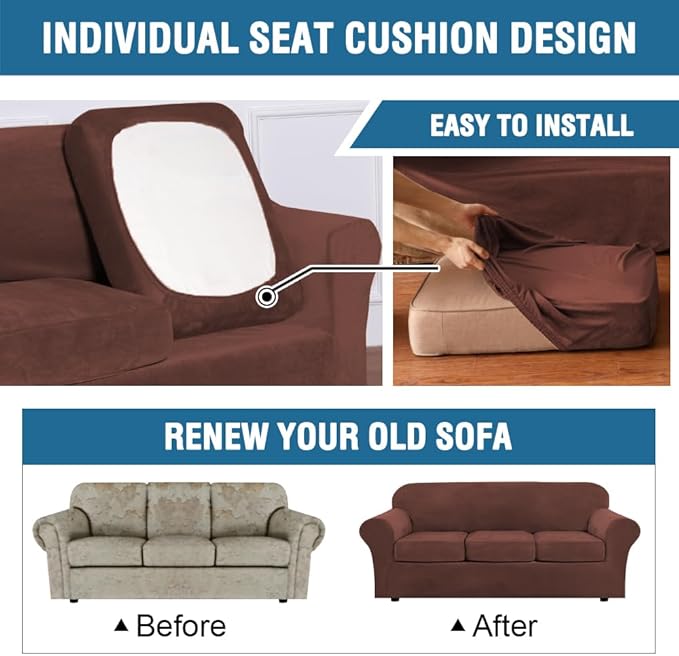 H.VERSAILTEX Modern Velvet Plush 4 Piece High Stretch Sofa Slipcover Furniture Protector Form Fit Velvet Extra Large Sofa Cover for 3 Cushion Couch Width Up to 105 Inch (XL Sofa, Burnt Brick)