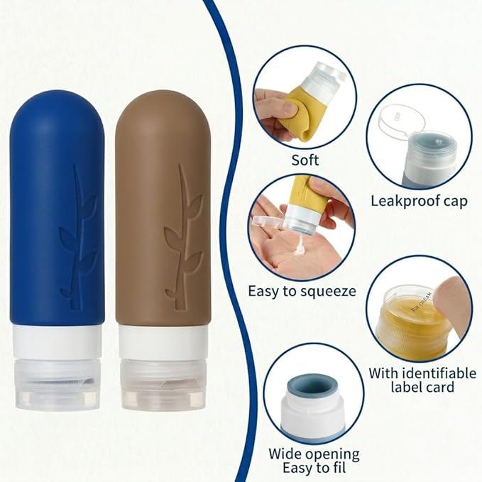 Travel Bottles Kit (16 Pack) - TSA Approved, Leak Proof Silicone Squeezable Containers for Toiletries. Complete Set with Jars, Sprayers & Bag (Dark blue)