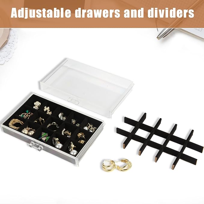 5 Drawers Clear Jewelry Box for Women and Girls, Acrylic Earring Holder Organizer Ring Holder Display Storage, Black